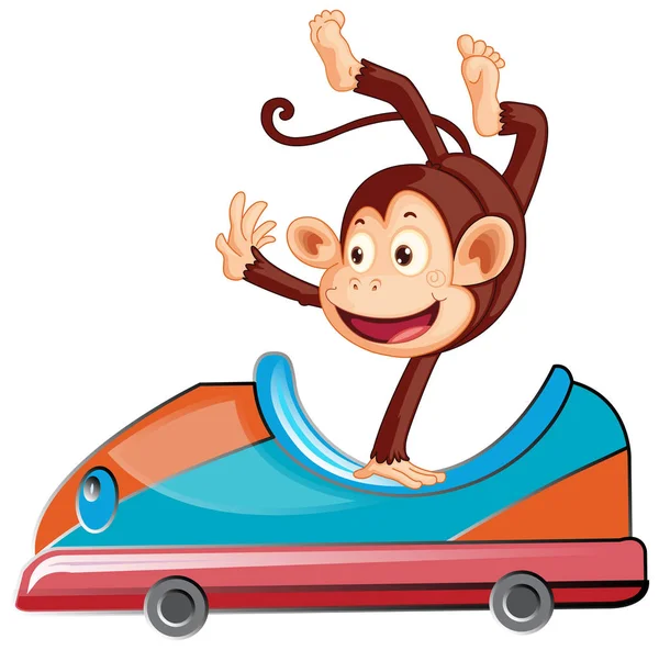 Мавпа їде на іграшковому авто на білому тлі — стоковий вектор