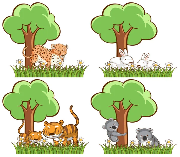 Zestaw dzikich zwierząt w parku ze stawem i drzewem — Wektor stockowy