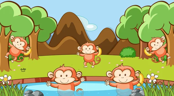 Scene with monkeys in the pond — Stock Vector