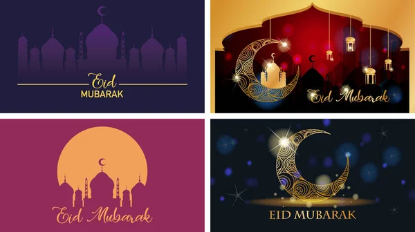 Cztery projekty tła dla muzułmańskiego festiwalu Eid Mubarak — Wektor stockowy
