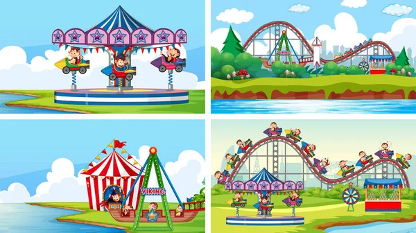 Four scenes with many rides in the fun fair — Stock Vector