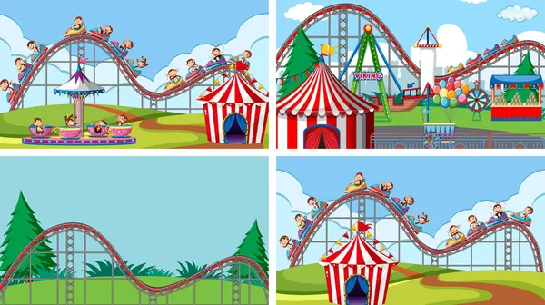 Four scenes with many rides in the fun fair — Stock Vector