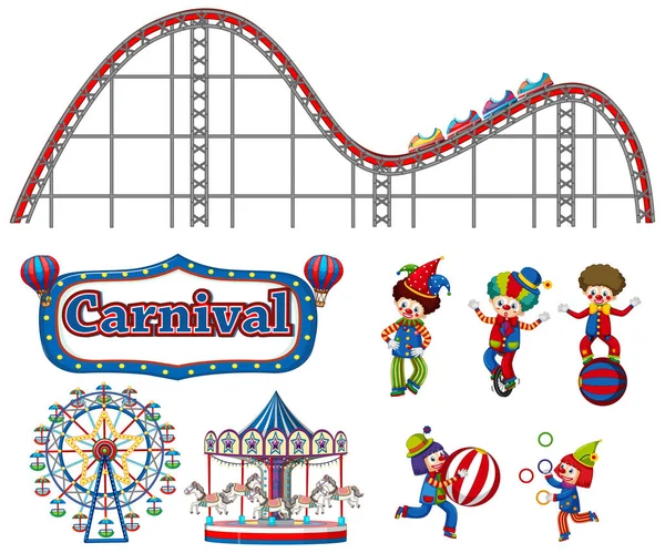 Velká sada karnevalových předmětů a klaunů na bílém pozadí — Stockový vektor