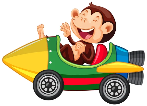 Affe reitet und lacht auf Spielzeugauto — Stockvektor