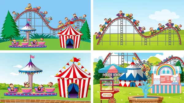 Négy jelenet sok lovaglással a vidámparkban. — Stock Vector