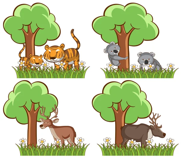 Set of wild animals in the park with pond and tree — Stock Vector