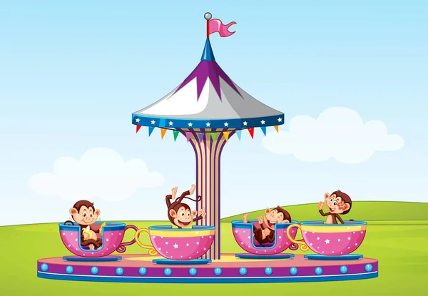 Cena com macacos montando em grande xícara no parque — Vetor de Stock