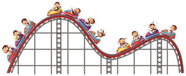 Happy monkeys riding on roller coaster on white background — Stock Vector
