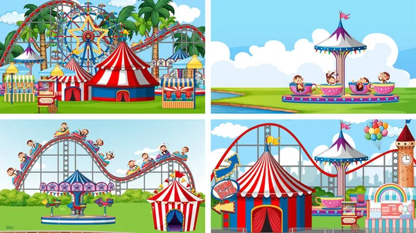 Four scenes with many rides in the fun fair — Stock Vector