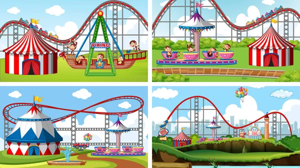 Négy jelenet sok lovaglással a vidámparkban. — Stock Vector