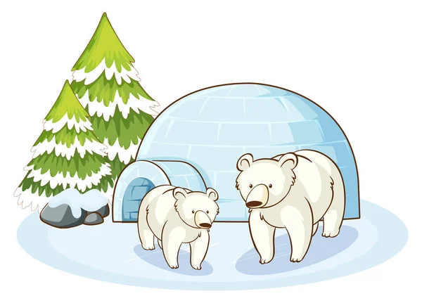 Scene with two polar bears and igloo — Stock Vector