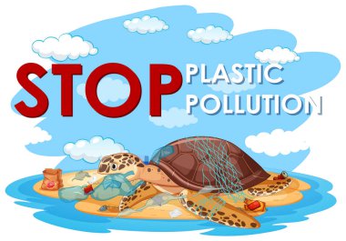 Plajda deniz kaplumbağası ve plastik torbalar olan poster tasarımı.