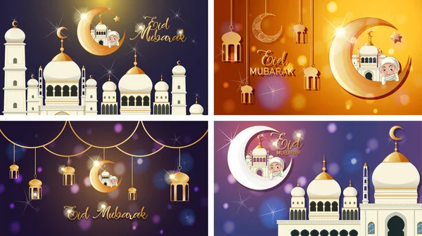 Mübarek Müslüman Festivali için dört arka plan tasarımı — Stok Vektör