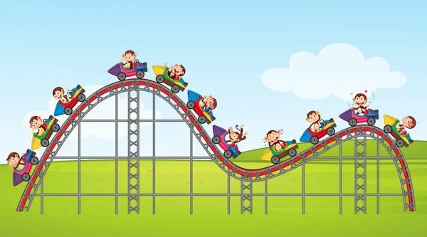 Escena con monos felices montando en una montaña rusa en el parque — Vector de stock