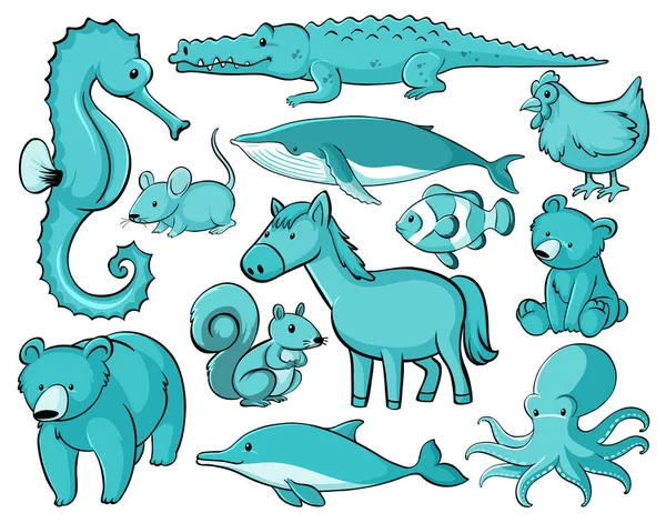 Mnoho zvířat v modré barvě — Stockový vektor