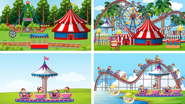 Négy jelenet sok lovaglással a vidámparkban. — Stock Vector