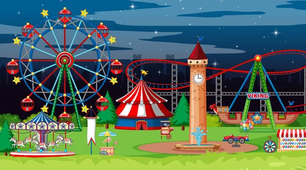 Сцена с многочисленными цирковыми аттракционами в парке ночью — стоковый вектор