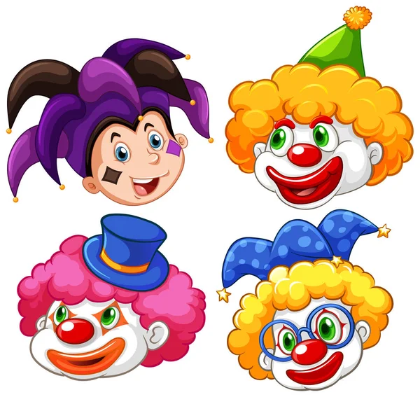 Quattro teste di buffo clown su sfondo bianco — Vettoriale Stock