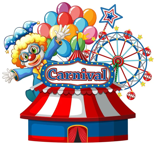 Carnival sign template with happy clown and ferris wheel in back — Stock Vector