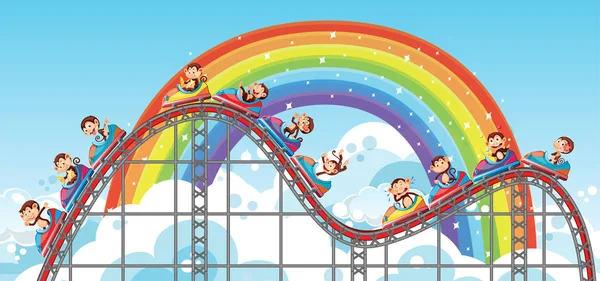 Background with happy monkeys riding roller coaster — 스톡 벡터