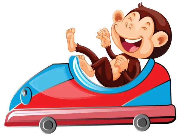 Happy monkey riding on toy car — Stockvector