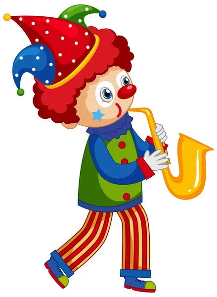 Щасливий клоун грає саксофон на білому тлі — стоковий вектор