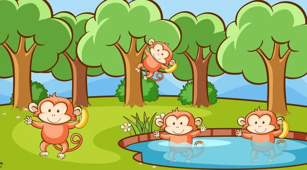 Scene with cute monkeys in forest — Stock Vector