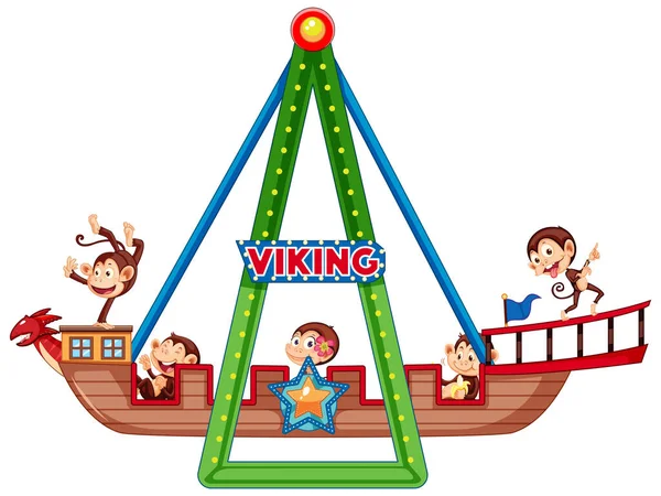Monos lindos cabalgando en barco vikingo — Vector de stock