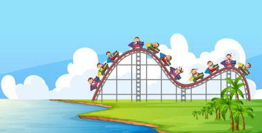 Parkta hız trenine binen maymunlarla dolu sahne