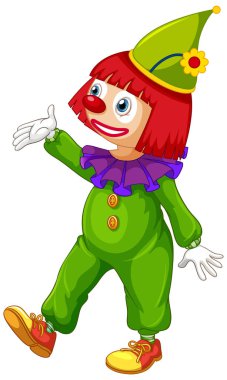 Beyaz arka planda yeşil tulumlu mutlu palyaço.