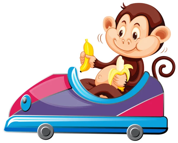 Monkey riding on toy car eating banana — Stock Vector