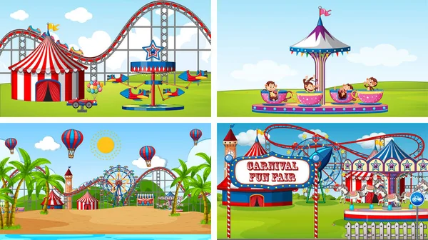 Four scenes with many rides in the fun fair — Stock Vector