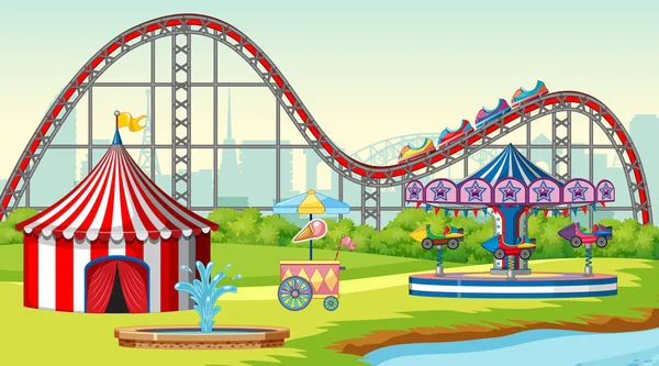 Scène avec montagnes russes et carrousel dans la foire amusante — Image vectorielle