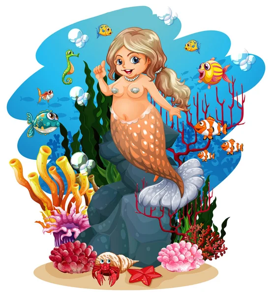 Sirena y pescado bajo el mar — Vector de stock