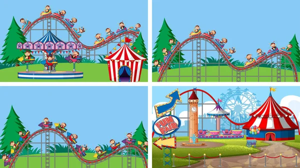 Four scenes with many rides in the fun fair — Stock Vector