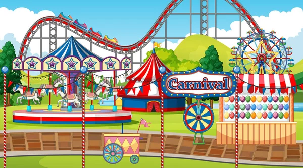 Сцена з багатьма цирковими атракціонами в парку — стоковий вектор