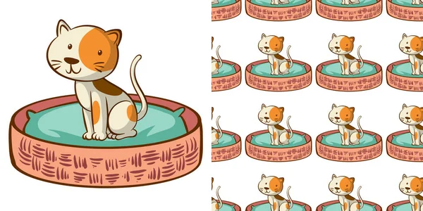 バスケットにかわいい猫とシームレスな背景デザイン — ストックベクタ