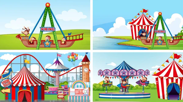 Négy jelenet sok lovaglással a vidámparkban. — Stock Vector