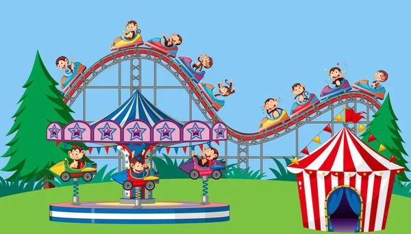 Scène avec des singes sur des tours de cirque dans le parc — Image vectorielle