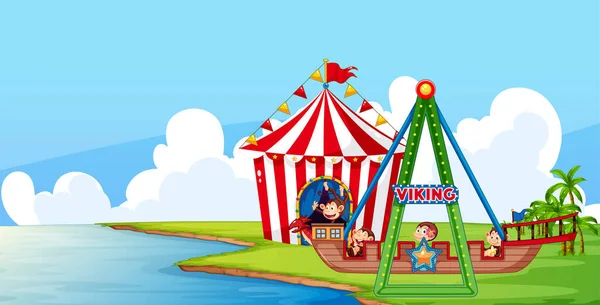 Scène avec des singes en promenade de cirque dans le parc — Image vectorielle