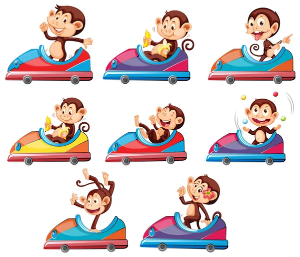Set of monkeys riding on toy car — Stock Vector