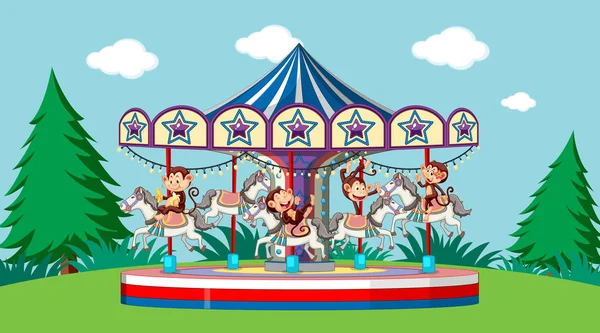 Scene with cute monkeys riding on carousel in the park — Stock Vector