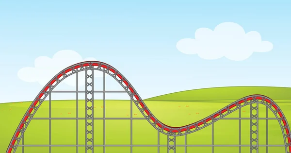 Cena com pista de montanha russa vazia no parque — Vetor de Stock