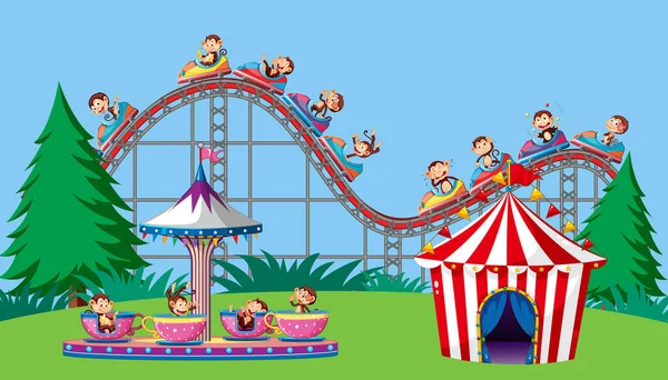 Scene with monkeys on circus ride in the park — Stock Vector
