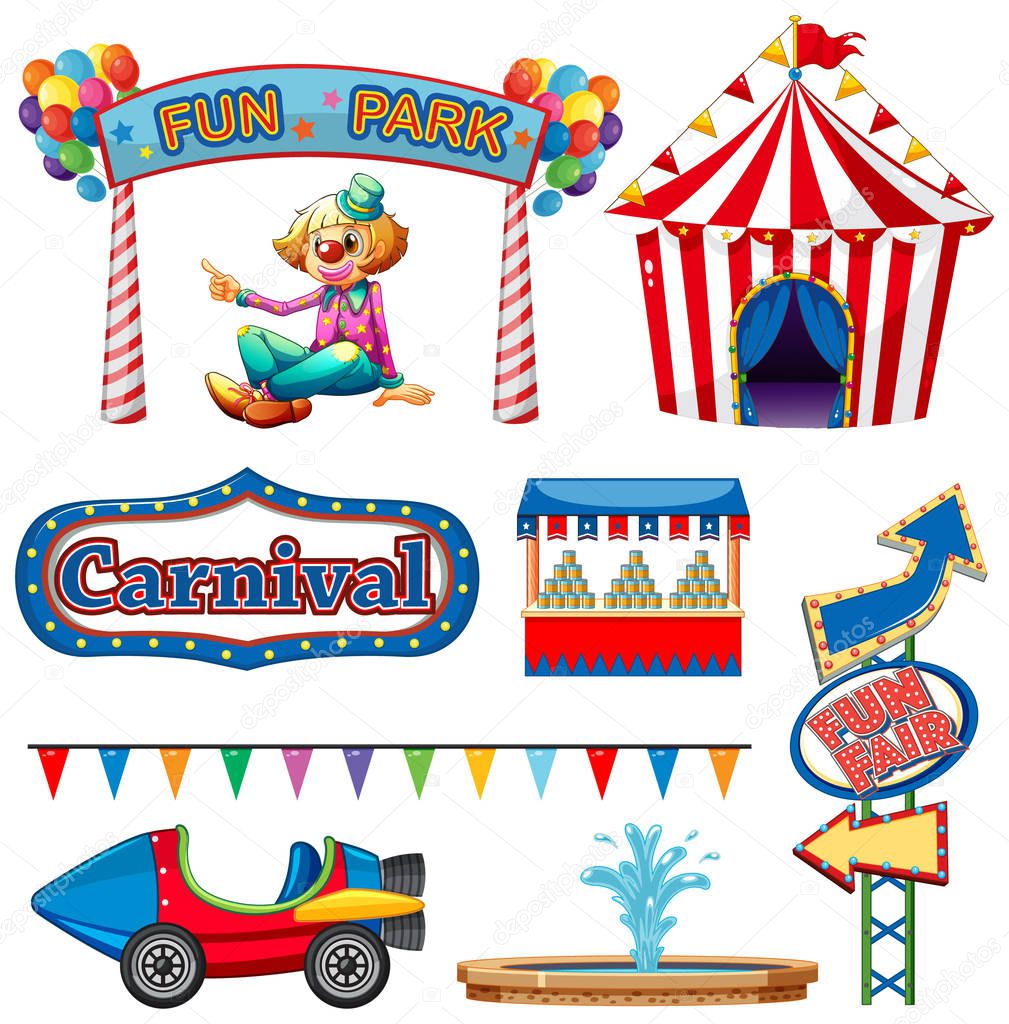 Set of circus items on white background