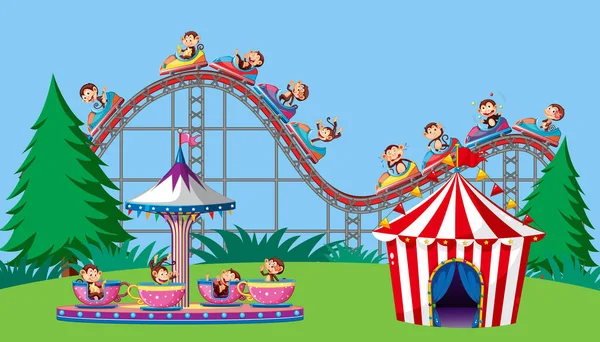 Escena con monos en paseo de circo en el parque — Vector de stock