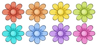 Birçok renkte izole edilmiş çiçek seti