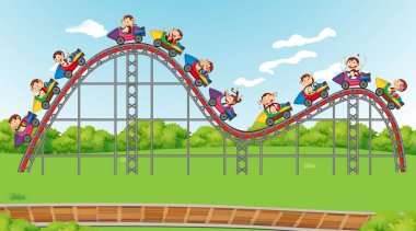 Park illüstrasyonunda lunapark trenine binen mutlu maymunların olduğu sahne