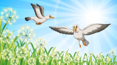 Bahçe resimlerinde uçan iki kuşun olduğu doğa sahnesi.