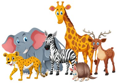 Beyaz arkaplanda duran bir sürü şirin safar hayvanı.